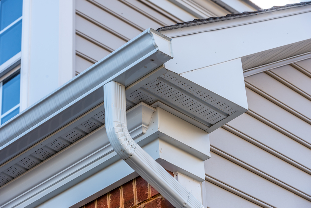 Close-up of a house's exterior corner showing metal gutter, downspout, soffit, fascia, and siding details.