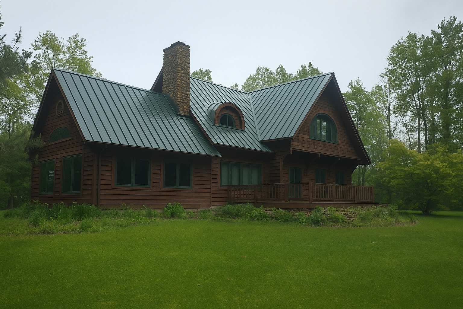 A wooden house with a green metal roof, stone chimney, and porch, surrounded by grass and trees on a foggy day.